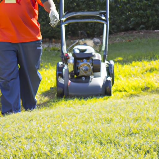 Technician walking a small-engine mower across a customer's lawn